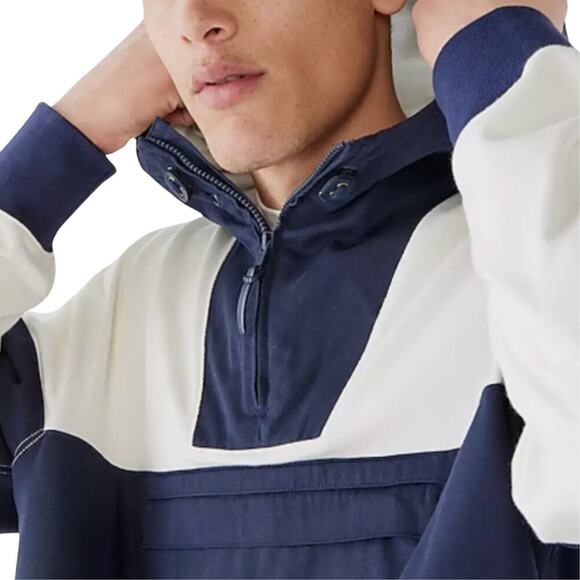 J.CREW Navy / Ivory Hooded Rugby Anorak Sweatshirt Mens S Comfy Pocket Training - Picture 9 of 16